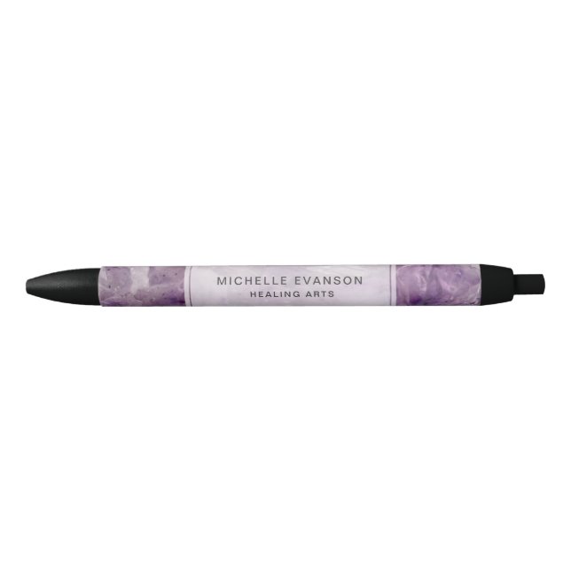 Purple Amethyst Boho Crystal Healing Arts Black Ink Pen (Front)