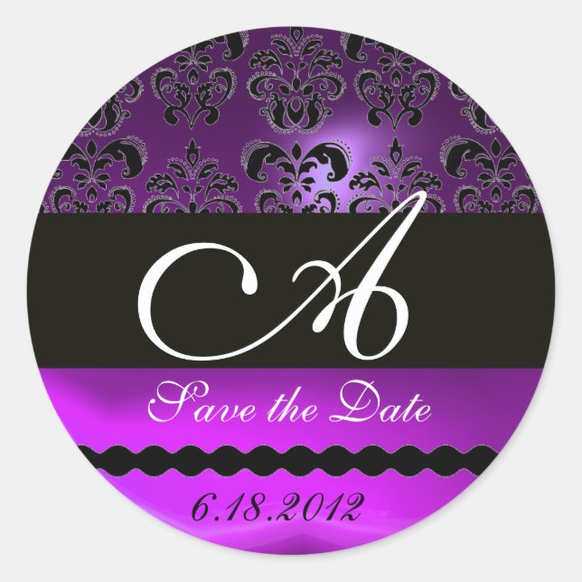 PURPLE AMETHYST DAMASK MONOGRAM, violet Classic Round Sticker (Front)