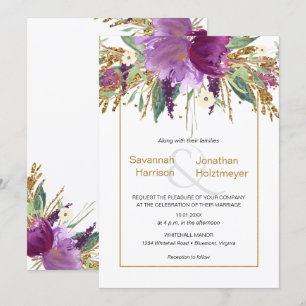 Purple Amethyst Floral Gold Glitter Spring Wedding Invitation