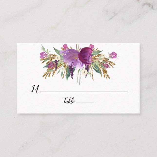 Purple Amethyst Floral Gold Sparkles Flat Place Card (Front)
