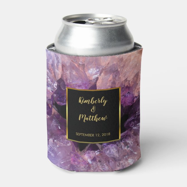 Purple amethyst gemstone bride and groom Wedding Can Cooler (Can Front)