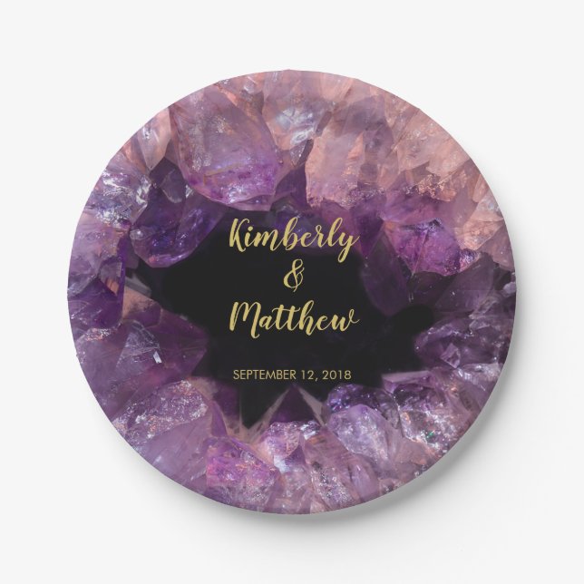 Purple amethyst gemstone bride and groom Wedding Paper Plate (Front)