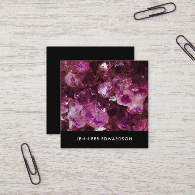 Purple amethyst gemstone crystal professional square business card (Front/Back In Situ)