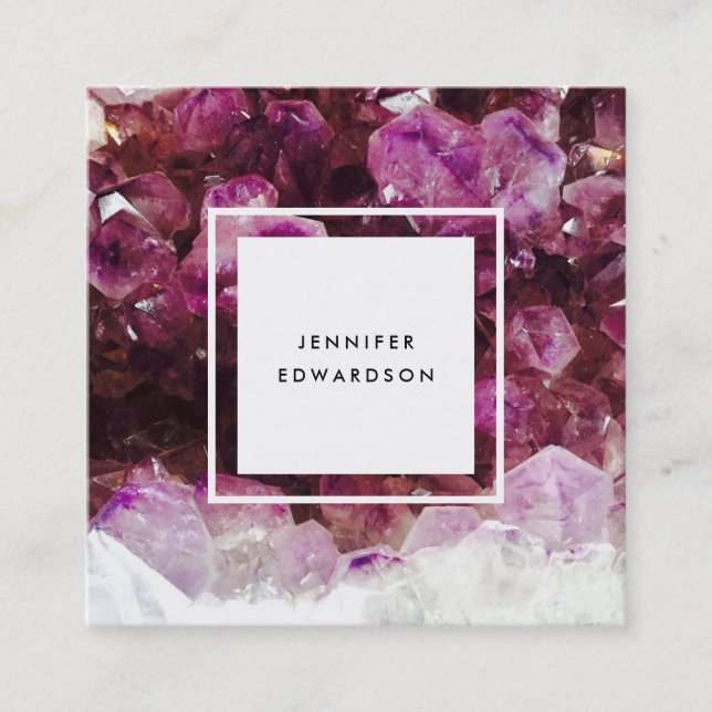 Purple amethyst gemstone crystal professional square business card (Front)