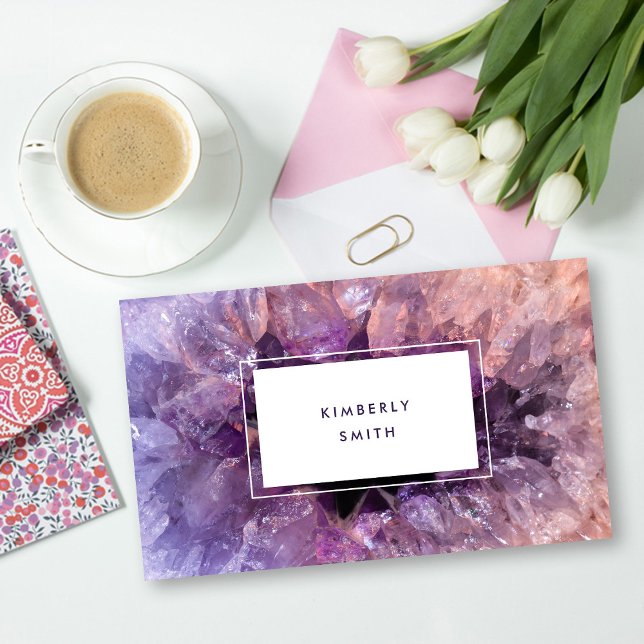 Purple amethyst gemstone mineral professional business card (Modern elegant purple amethyst gemstone professional business card.)