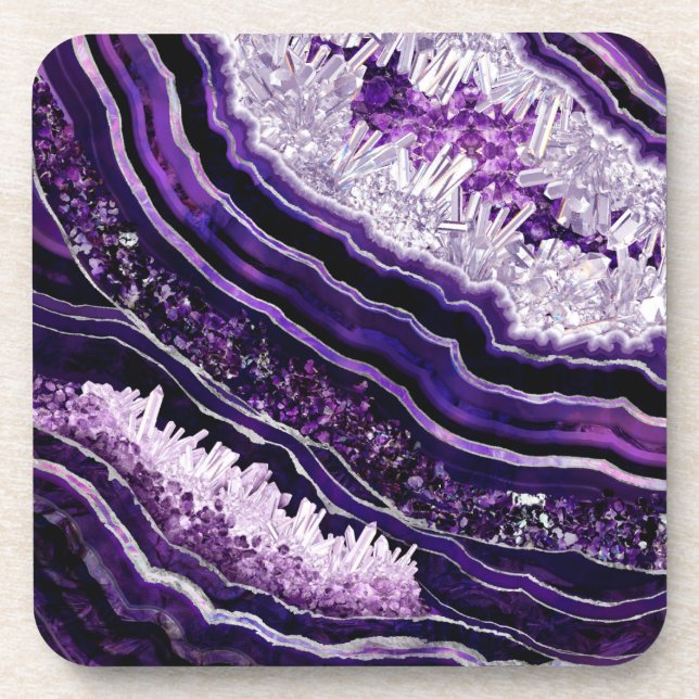Purple Amethyst Geode and Silver Digital Art Coaster (Front)