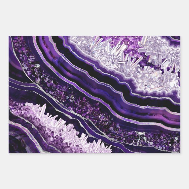 Purple Amethyst Geode and Silver Digital Art Wrapping Paper Sheet (Front)
