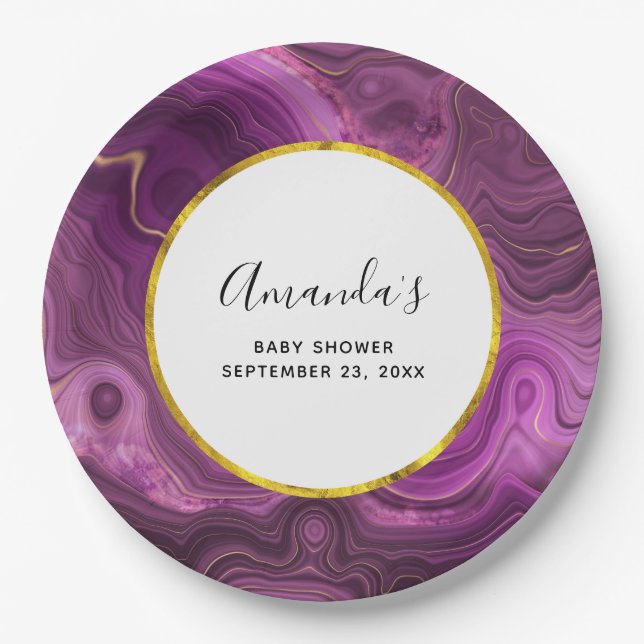 Purple Amethyst & Gold Abstract Agate Baby Shower Paper Plate (Front)