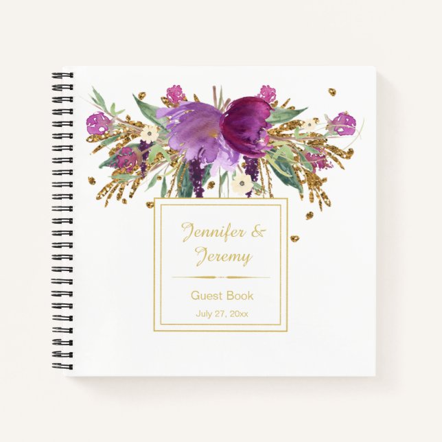 Purple Amethyst Gold Floral Guest Book | (Front)