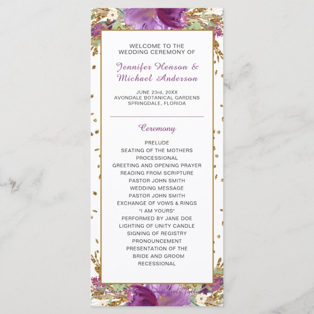 Purple Amethyst Gold Glitter Frame Wedding Program Programme (Front)