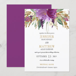 Purple Amethyst Gold Glitter Greenery Wedding   Invitation