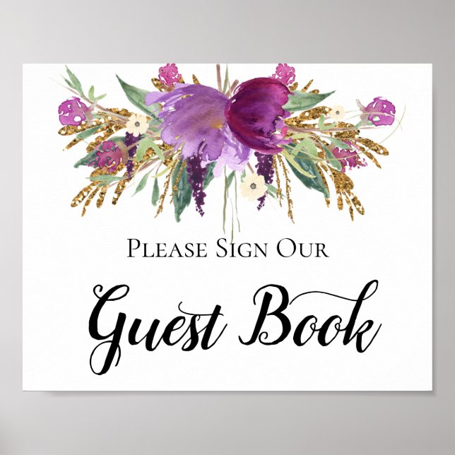 Purple Amethyst Gold Sparkles Guest Book Sign (Front)