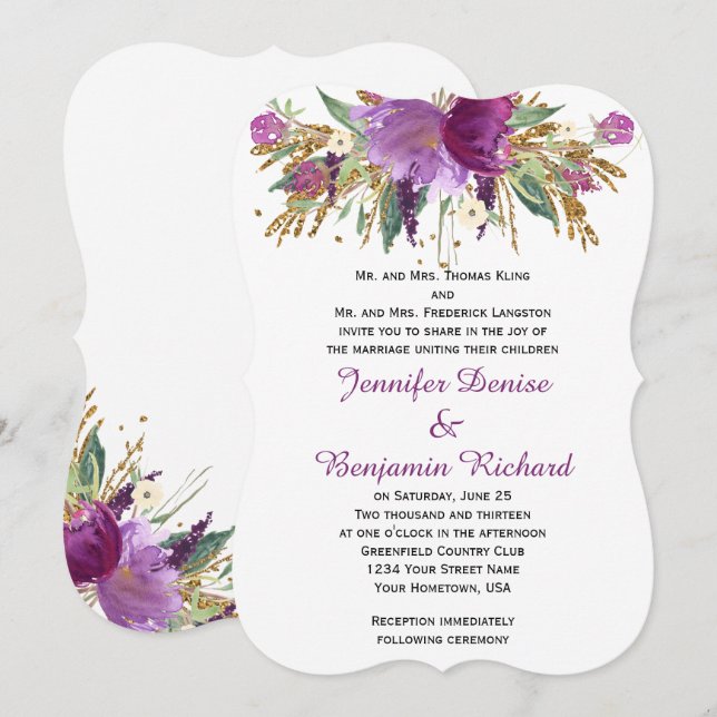 Purple Amethyst Gold Watercolor Flowers Weddings Invitation (Front/Back)