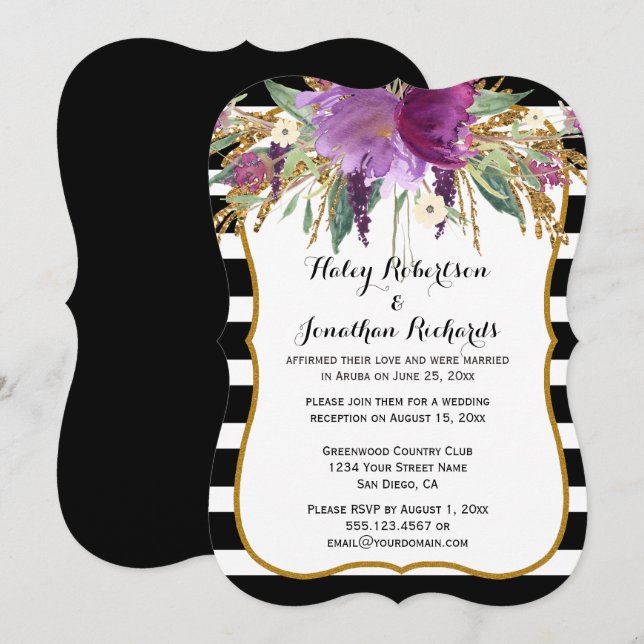 Purple Amethyst Gold Watercolor Flowers Weddings Invitation (Front/Back)
