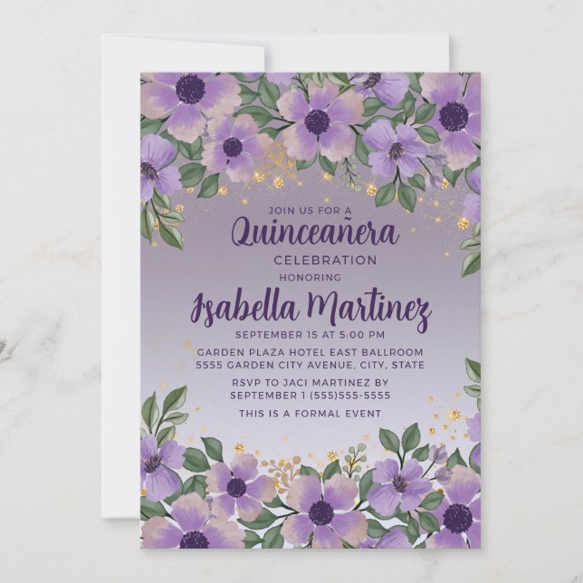 Purple Amethyst Lavender Gold Glitter Quinceañera  Invitation (Front)