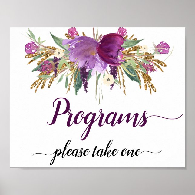 Purple Amethyst Sparkles Wedding Programs Sign (Front)