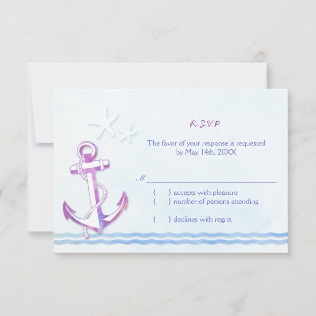 Purple Anchor Nautical Beach Wedding RSVP Card (Front)