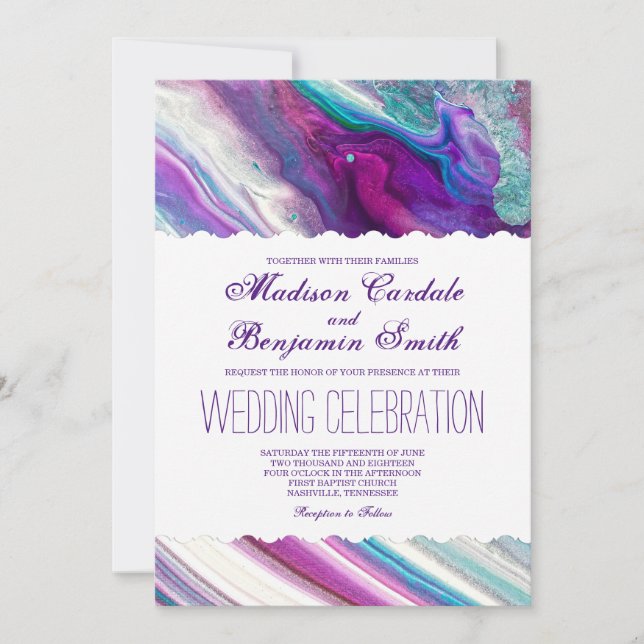 Purple and Aqua Abstract Paint Swirls Wedding Invitation (Front)