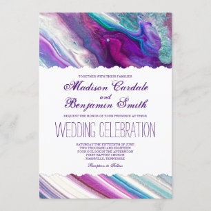 Purple and Aqua Abstract Paint Swirls Wedding Invitation