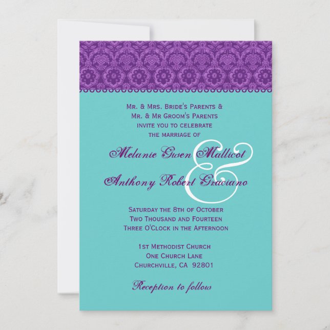 Purple and Aqua Vintage  Damask Wedding Monogram Invitation (Front)