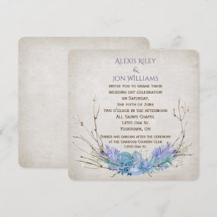 purple and aqua wedding twig bouquet on texture invitation