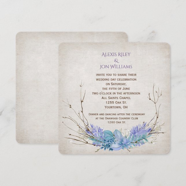 purple and aqua wedding twig bouquet on texture invitation (Front/Back)