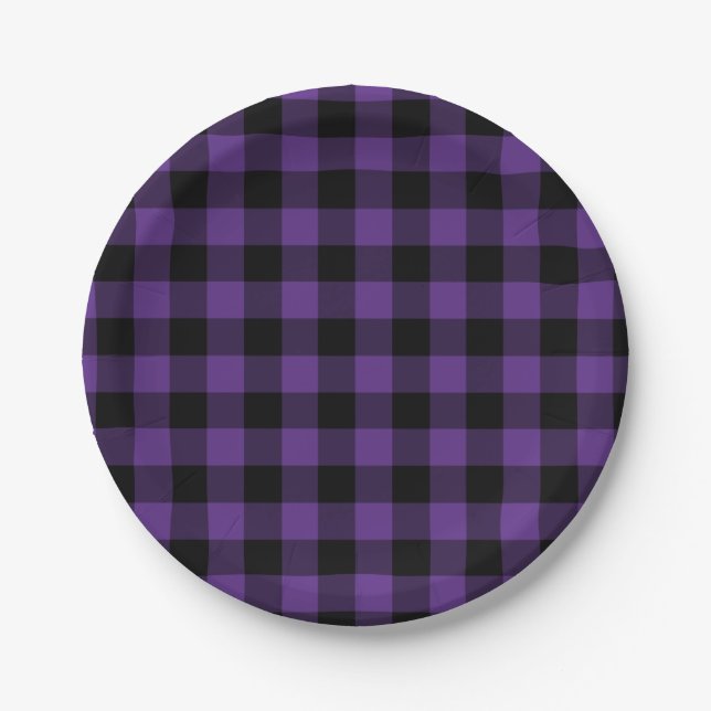 Purple and Black Buffalo Check Plaid Pattern Paper Plate (Front)