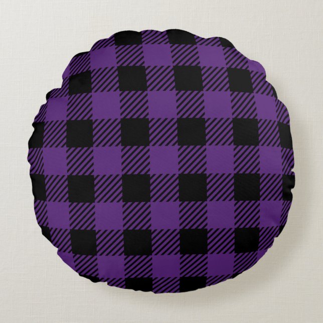Purple and black Buffalo Plaid pattern Round Cushion (Front)