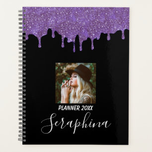 Purple and Black Custom Photo Glitter Drips Planner