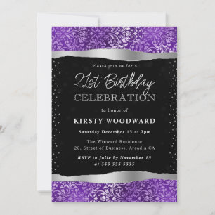 Purple and Black Damask Glitter 21st Birthday Invitation