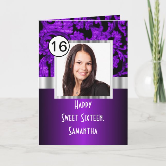 Purple and black damask sweet sixteen card (Front)