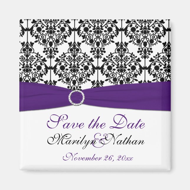Purple and Black Damask Wedding Favour Magnet (Front)