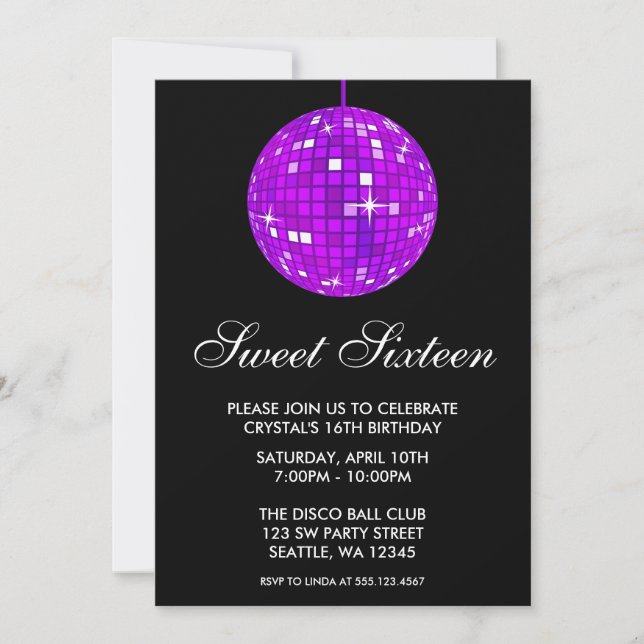 Purple and Black Disco Ball Sweet Sixteen Birthday Invitation (Front)