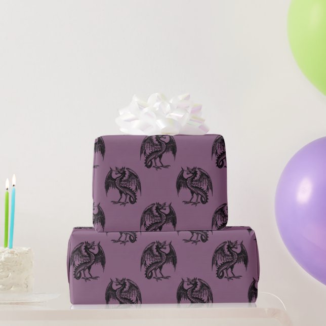 Purple and Black Dragons Pattern Halloween Wrapping Paper (Party Gifts)