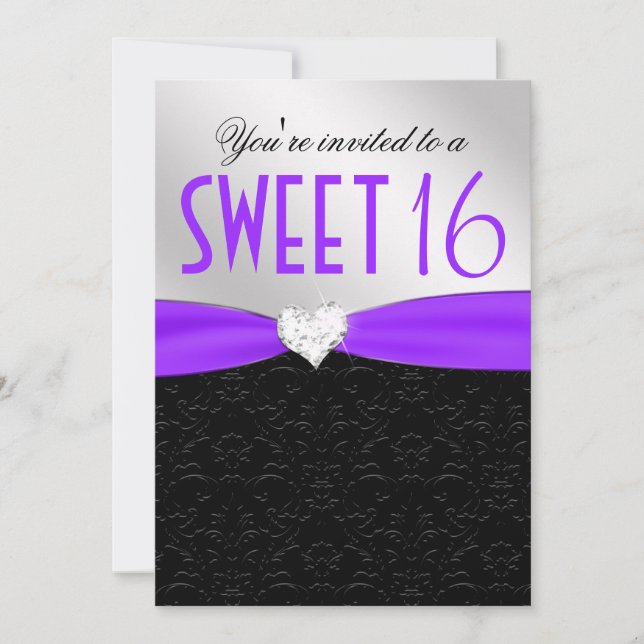 Purple and Black Floral Damask Diamond Heart Invitation (Front)