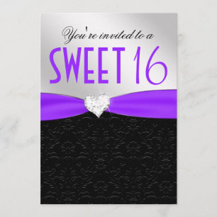 Purple and Black Floral Damask Diamond Heart Invitation