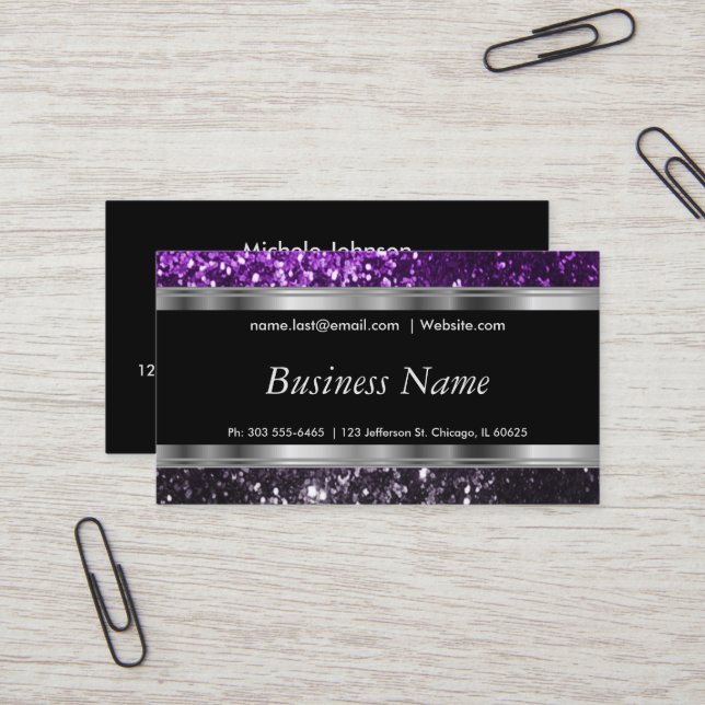 Purple and Black Glitter with Silver Accent Business Card (Front/Back In Situ)
