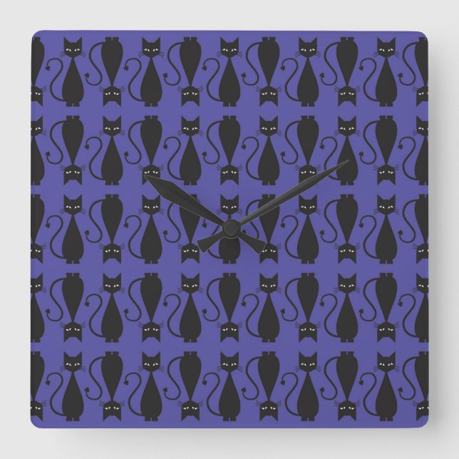 Purple and Black Goth Cat Pattern Square Wall Clock (Front)
