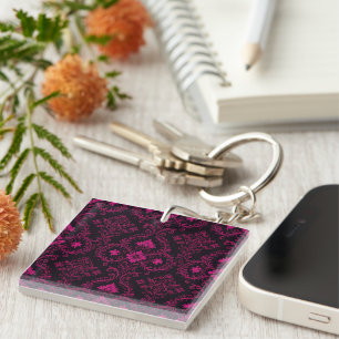 Purple and black gothic damask pattern key ring