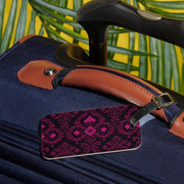 Purple and black gothic damask pattern luggage tag (Front Insitu 3)