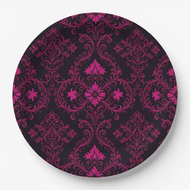 Purple and black gothic damask pattern paper plate (Front)