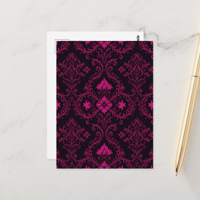 Purple and black gothic damask pattern postcard (Front/Back In Situ)