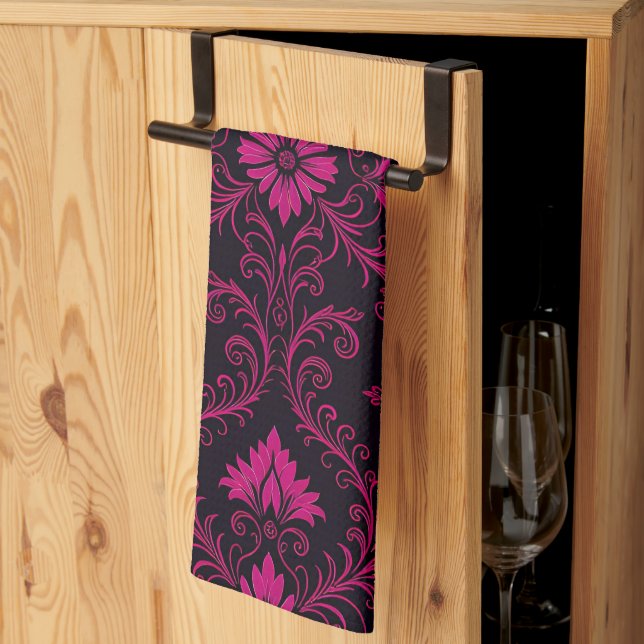 Purple and black gothic damask pattern tea towel (Thirds Fold)