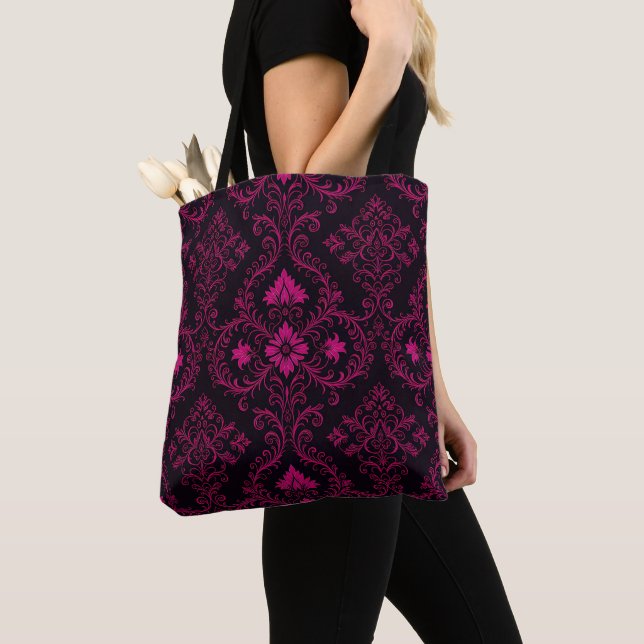 Purple and black gothic damask pattern tote bag (Close Up)