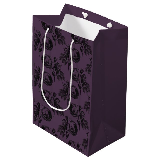 Purple and Black Gothic Floral Pattern Halloween Medium Gift Bag (Front Angled)