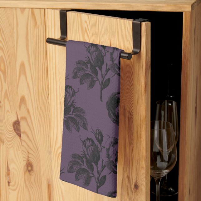 Purple and Black Gothic Floral Pattern Halloween Tea Towel (Thirds Fold)