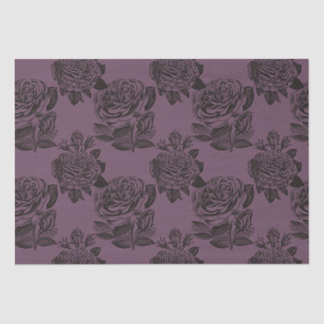 Purple and Black Gothic Roses Pattern Halloween Tissue Paper (Front)