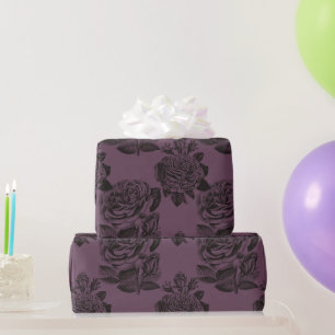 Purple and Black Gothic Roses Pattern Halloween Wrapping Paper