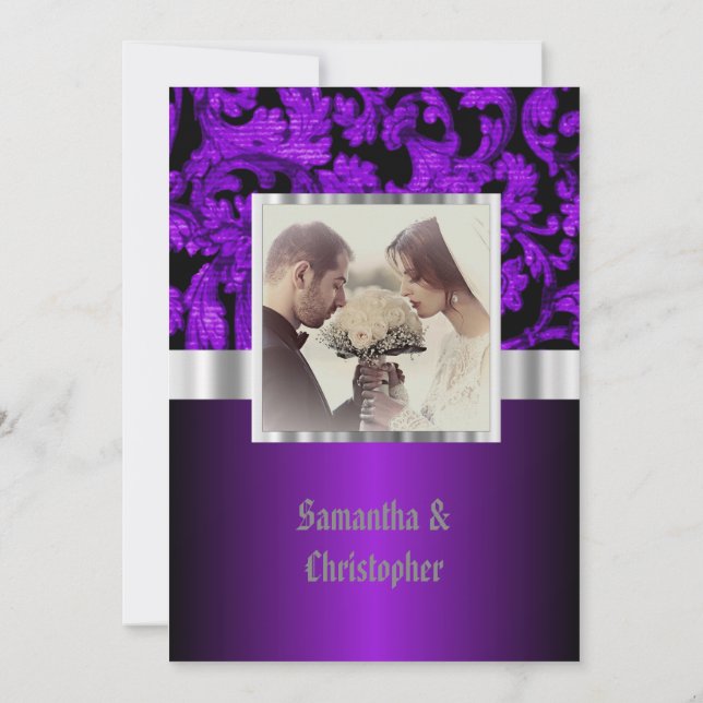 Purple and black gothic wedding photo invitation (Back)
