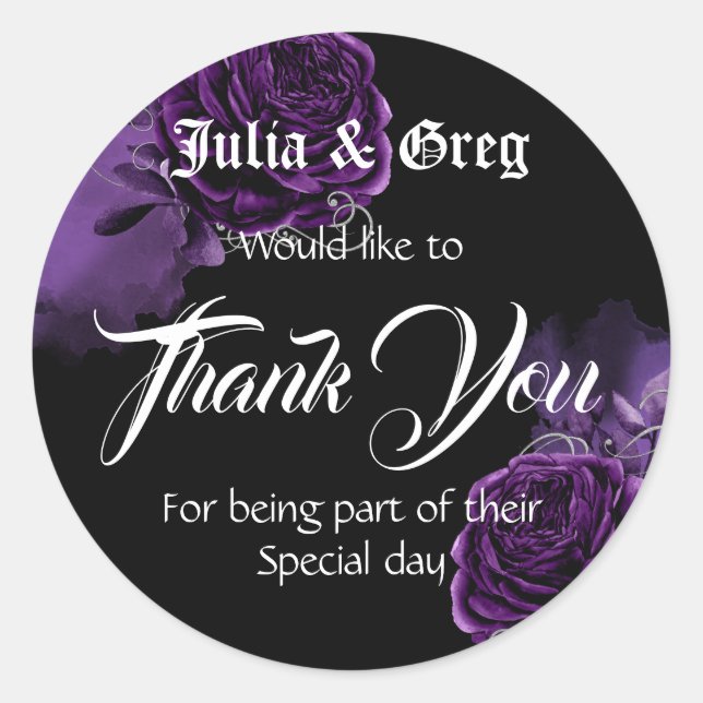 Purple and Black Gothic Wedding Thank You Sticker (Front)